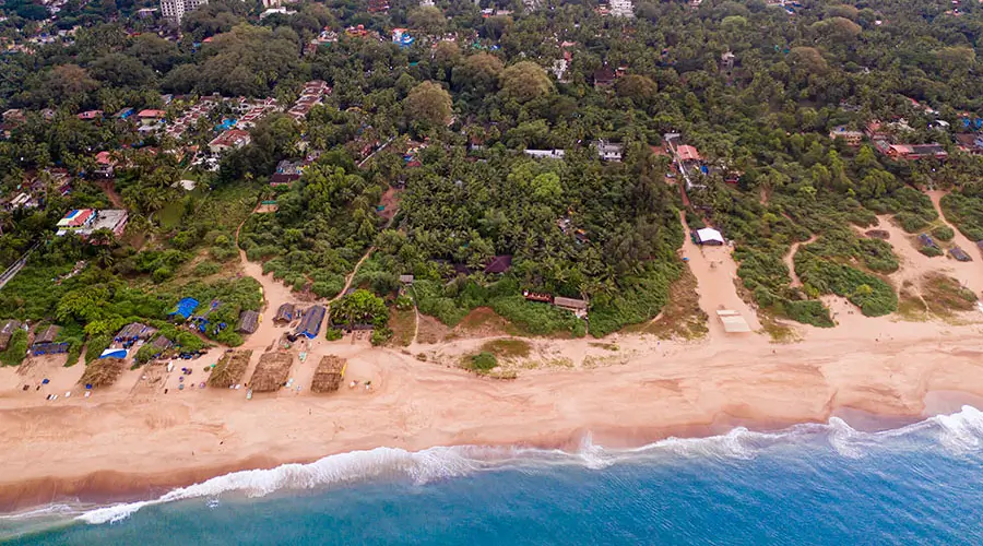 Panoramic aerial view of Candolim Beach highlighting the long shoreline, coastal greenery, and beachside setting in North Goa!