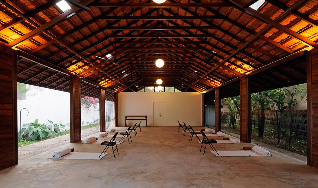 Evening view of the yoga pavilion at Aashyana Lakhanpal set up for classes near Candolim Beach in North Goa